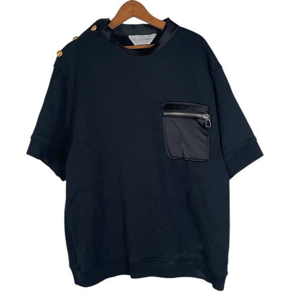 AZ FACTORY Black  Zipper Pocket Shoulder Buttons Raw Edge T-Shirt    Size: 3XL - Picture 1 of 4